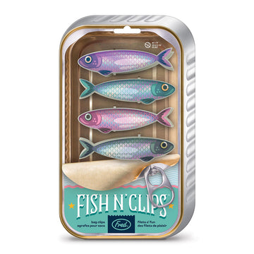 A set of fish shaped clips in a box shaped like a tin can.