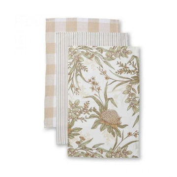 Three tea towels pictured layered on top of each other and each with a different print or pattern with stripes, checks and a floral pattern.