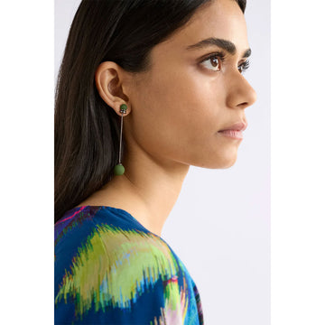 Pair of pearl earrings with gold chains on a white background.