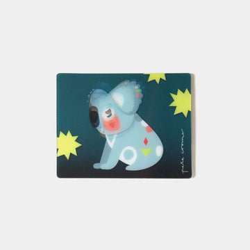 A rectangle magnet with a moving image of a koala against a dark blue green background.