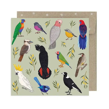 A square greeting card with illustrations of different birds.