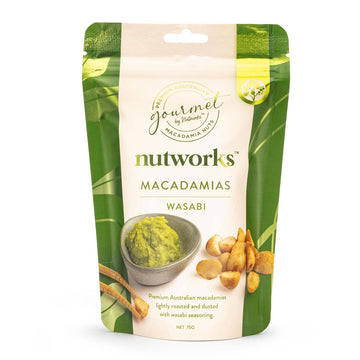 A green packet with the heading 'Nutworks Macadamias Wasabi' on them with a photo of a bowl of wasabi and some nuts next to it.