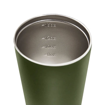A tall travel mug in khaki green with a black lid and the text 'made by Fressko' on the bottom.
