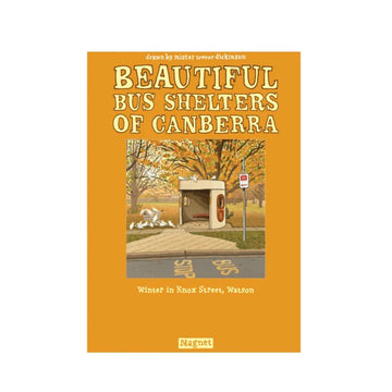 A magnet illustrated with a Canberra bus shelter by Trevor Dickinson attached to an orange card.