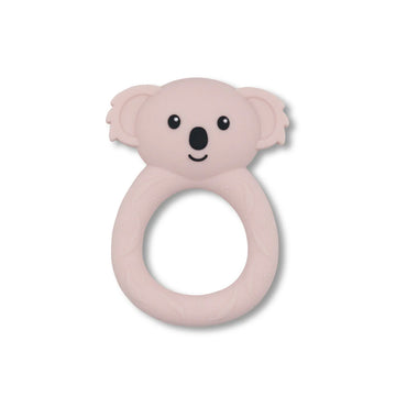 A baby teething toy shaped like a koala in pink.