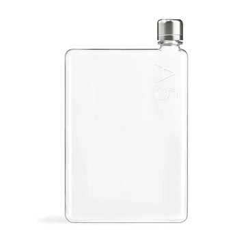 A transparent rectangle shaped water bottle with a silver lid and the text 'A5' engraved in the top corner.