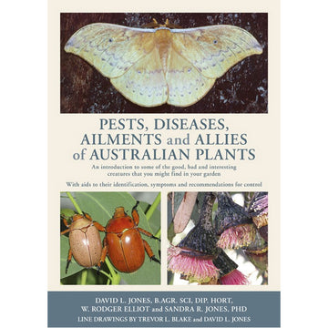 'Pests, Diseases, Ailments and Allies of Australian Plants' book cover featuring three photos of a moth, beetle and pink flower.