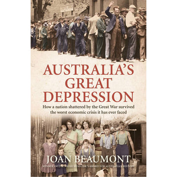 'Australia's Great Depression' book cover featuring two photos, one of lots of men lining up on the top half and a photo of a large family on the bottom half.
