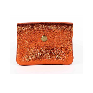 Metallic orange wallet with a gold button on a white background.