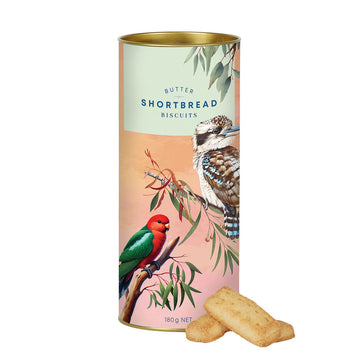 A tube with an illustration of two birds and the heading 'Butter Shortbread Biscuits'. There are a couple of biscuits in front of the tube.
