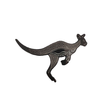 An enamel pin shaped like a kangaroo jumping.