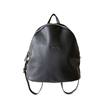 Black leather backpack on a white background.