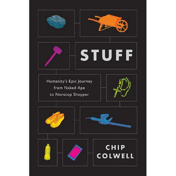 'Stuff' book cover featuring colourful images of items including a wheelbarrow, shoes and a water bottle on a black background.