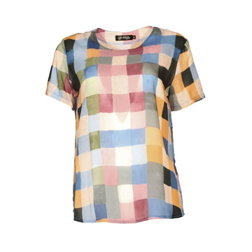 Multicolored checkered t-shirt on a white background.