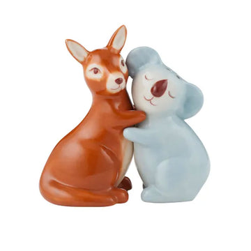 A kangaroo and a koala shaped salt and pepper shakers hugging.