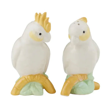 Two ceramic cockatoo-shaped salt and pepper shakers on a white background.