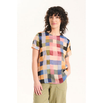Multicolored checkered t-shirt on a white background.