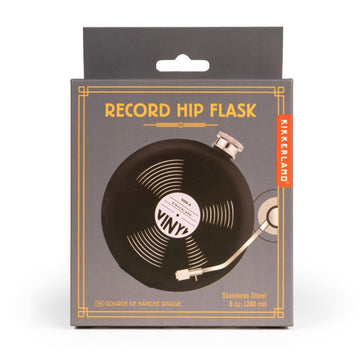 A box titled 'Record Hip Flask' with a picture of a round flask that looks like a record spinning.