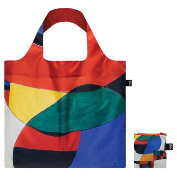 A reusable shopping bag with a colourful abstract print next to it's little pouch.