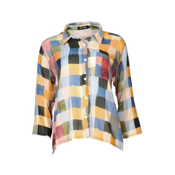 Multicolored checkered shirt on a white background.