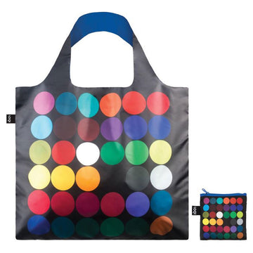 A reusable shopping bag in black printed with coloured dots in rows next to its matching pouch.