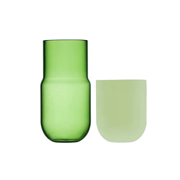 A green glass carafe.