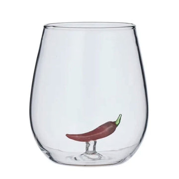 Clear glass with a red chili pepper design on a white background.