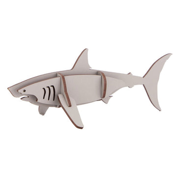 A 3D model of a great white shark made from laser cut wood.