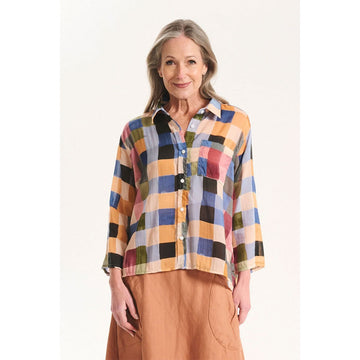 Multicolored checkered shirt on a white background.