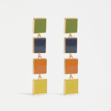 Colorful square drop earrings on a light gray background.