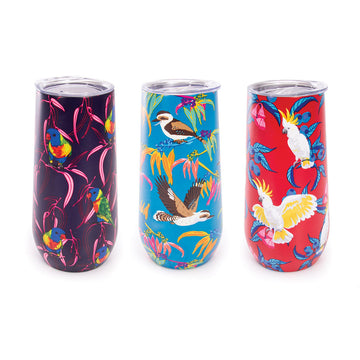 Three champagne flutes with no stems printed with different birds and colours on each.