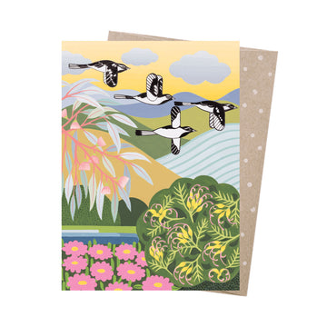 Greeting card with nature-themed design featuring birds, plants, and flowers on a white background.