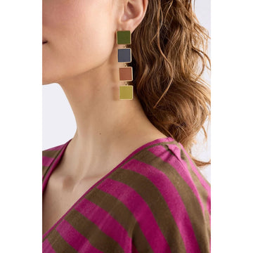Colorful square drop earrings on a light gray background.