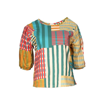 Colorful striped shirt on a white background.