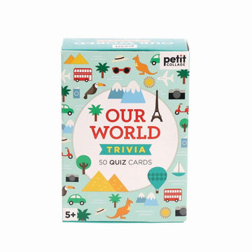 A box titled 'Our World Trivia' with illustrations of landmarks, naimals and objects representing travel and holidays.