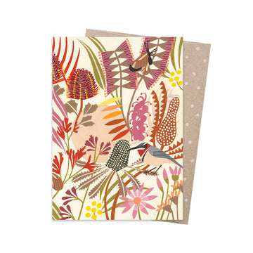 Greeting card with floral and bird design on a white background.