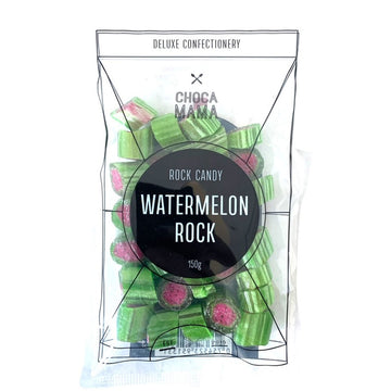 A clear bag with a black circle and the text 'Watermelon Rock' in the middle. Inside the bag are watermelon lollies.