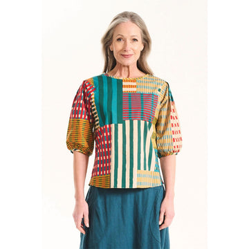 Colorful striped shirt on a white background.