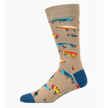 A light brown sock illustrated with blue and orange fish.