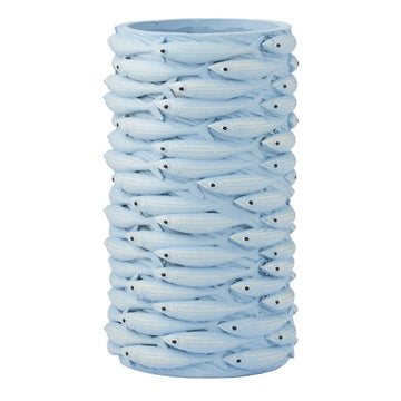 Blue vase with 3D fish design on a white background.