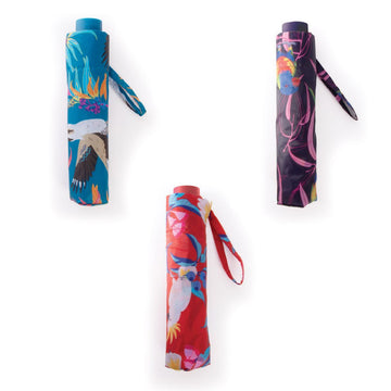 Three folded up umbrellas in blue, red and purple each illustrated with a different bird.