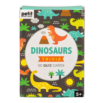 'Dinosaurs Trivia' box featuring a background of coloured dinosaurs on a black background.