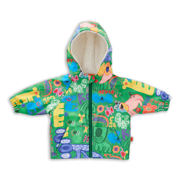 A kids green rain coat illustrated with koala motifs.