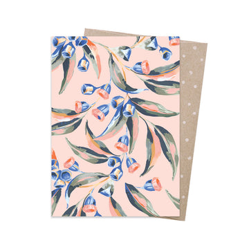 Greeting card with gumnut design on a pink background.