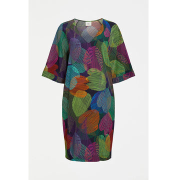 An image of a Ombra print dress with greens, blues and pink colour.