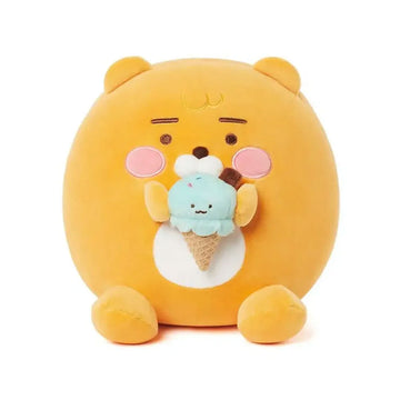 Yellow plush toy holding a small ice cream cone plush toy on a white background.