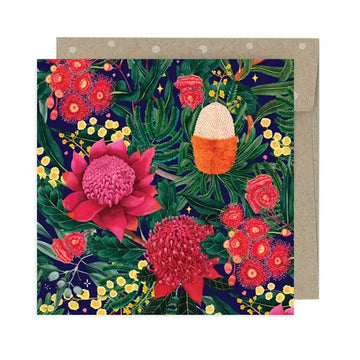 Greeting card with colorful floral design on a dark background.