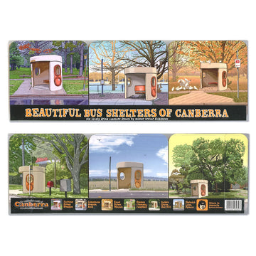 A set of six coasters each illustrated with a different Canberra bus shelter by Trevor Dickinson.