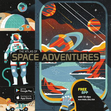 'Atlas of Space Adventures' book cover featuring illustrations of space including planets and space people.
