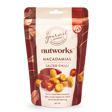 A brown packet with the heading 'Nutworks Macadamias Salted Chilli' and a photo of chillis and nuts.